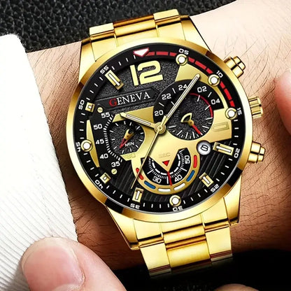 Luxury men's quartz wristwatch with gold alloy band and black dial, showcasing analog-digital display and chronograph features.