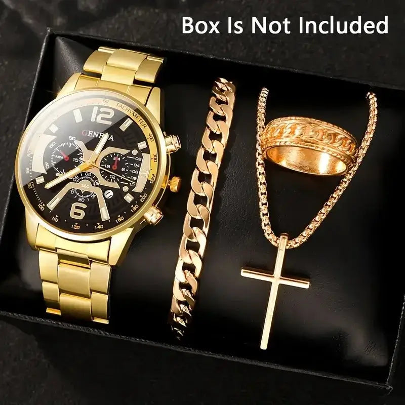 Luxury gold men's wristwatch with black dial and chronograph features, stylish analog design.