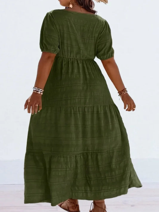 Plus Size 1XL-5XL Women's Fashionable Square Neck Solid Color Dress Ladies Casual A-line Skirt Short Sleeved Long Dress