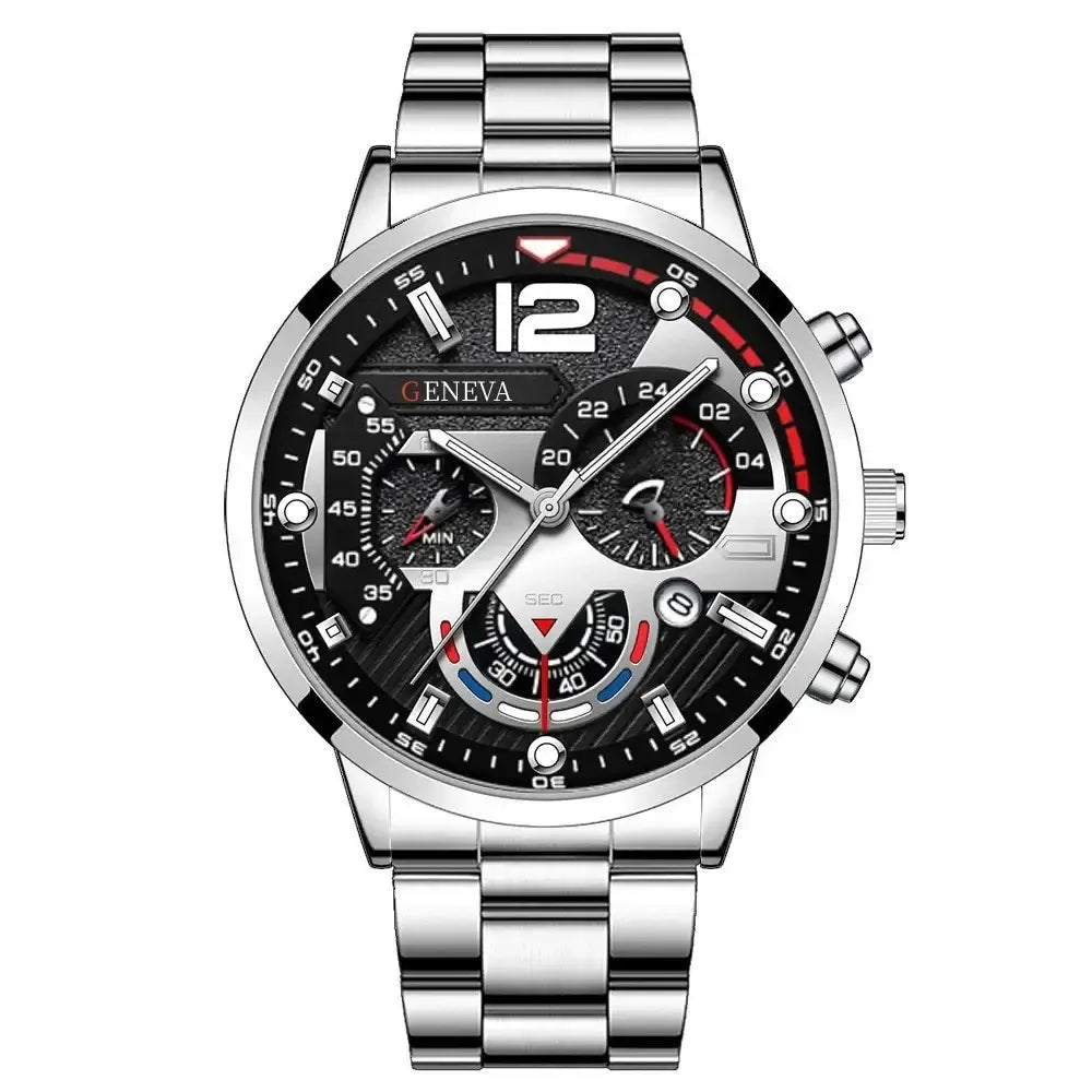 Luxury gold men's wristwatch with black dial and chronograph features, stylish analog design.