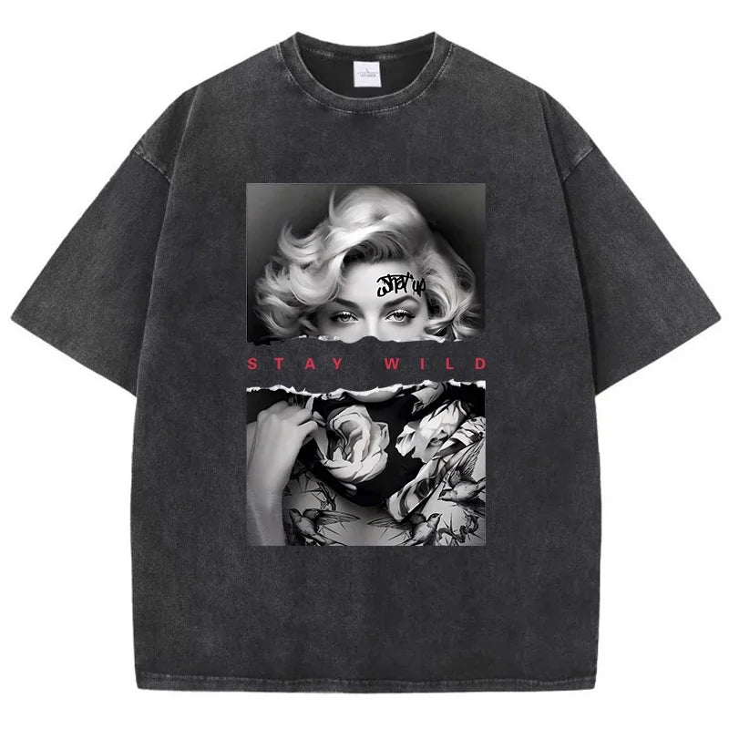Woman Cotton Washed T-Shirts All-Math Loose O-Neck Short Sleeve European Style Fashion