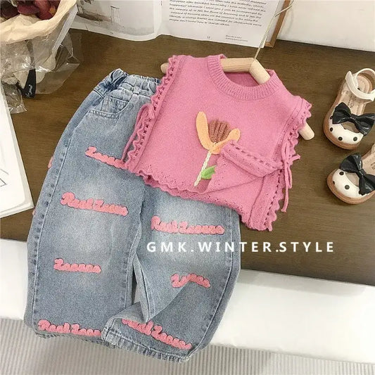 Girls Knitted Waistcoat and Jeans Set