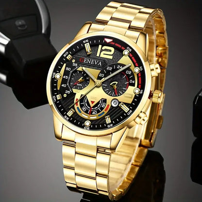 Luxury gold men's wristwatch with black dial and chronograph features, stylish analog design.