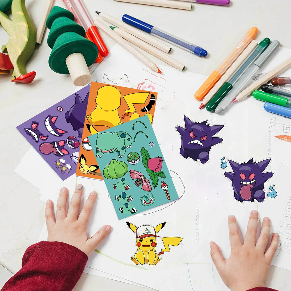 8/16sheets Pokemon Anime Pikachu Gengar Puzzle Stickers Make A Face Children Cartoon
