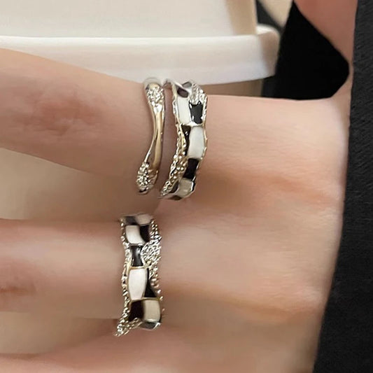 Vintage Irregular Checkerboard Open Ring for Women Contrast Color Enamel Drop Glaze