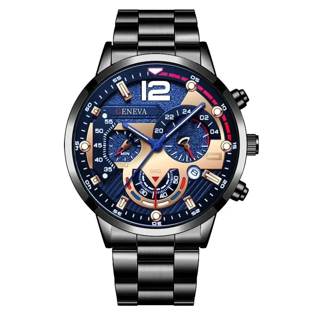 Luxury gold men's wristwatch with black dial and chronograph features, stylish analog design.