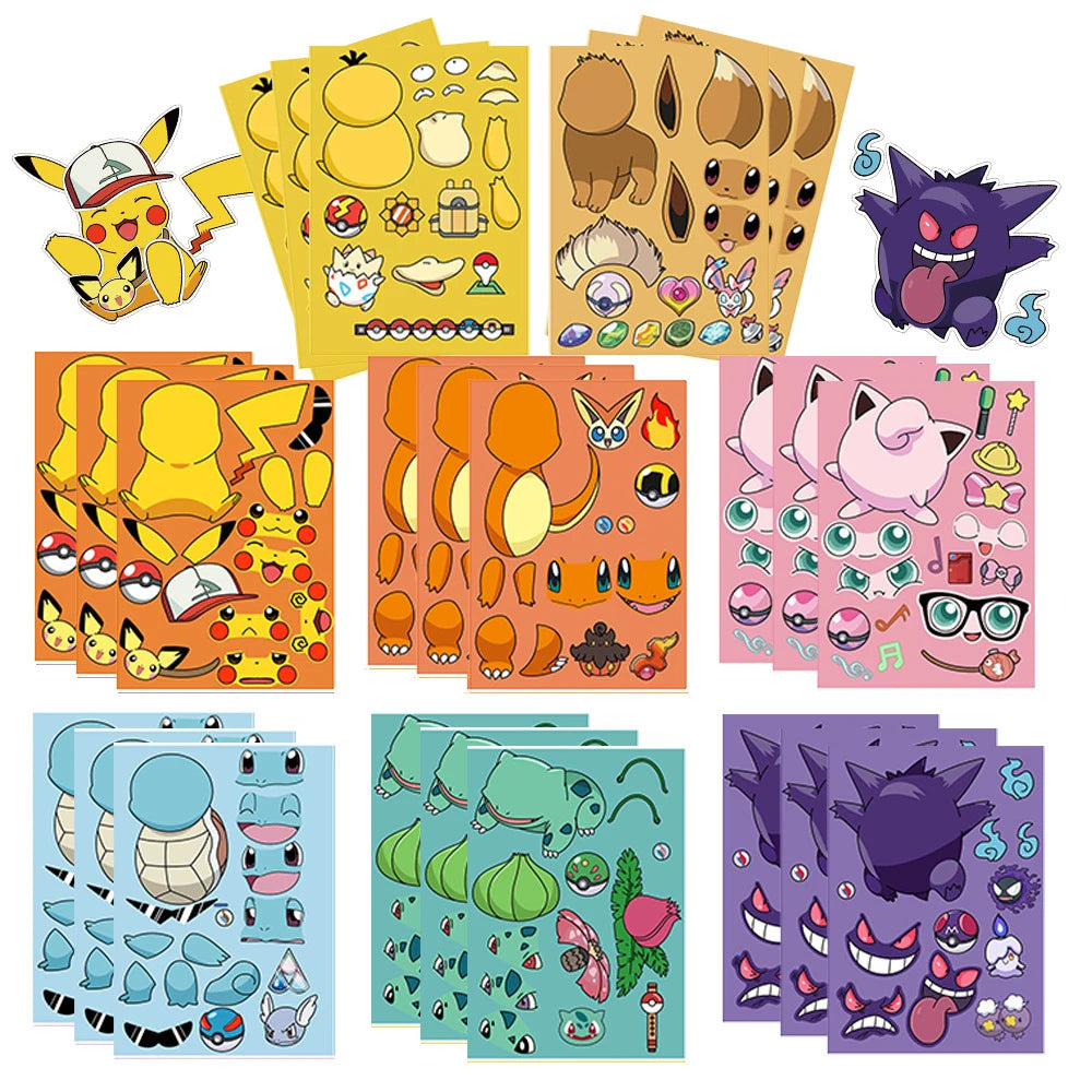 8/16sheets Pokemon Anime Pikachu Gengar Puzzle Stickers Make A Face Children Cartoon