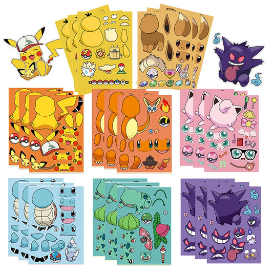 8/16sheets Pokemon Anime Pikachu Gengar Puzzle Stickers Make A Face Children Cartoon