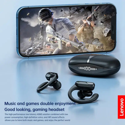 Lenovo XT80 wireless earphones with charging case, designed for gaming and music enjoyment.