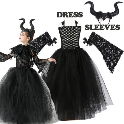 2024 New Maleficent Halloween Costume Maleficent Tulle Dress for Girls Cosplay Evil Queen Black Mesh Princess Dress Kids