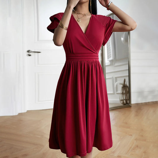 Women Elegant V-Neck Petal Sleeve Dress