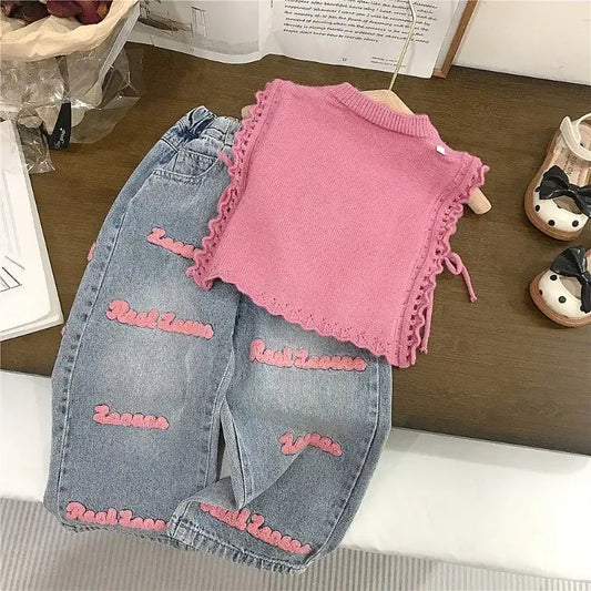 Girls Knitted Waistcoat and Jeans Set