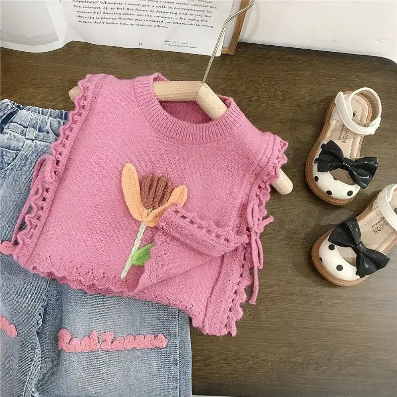 Girls Knitted Waistcoat and Jeans Set