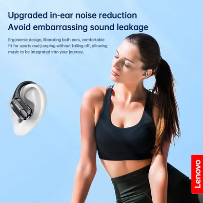 Sporty woman using Lenovo XT80 wireless earphones with in-ear noise reduction for comfortable listening.