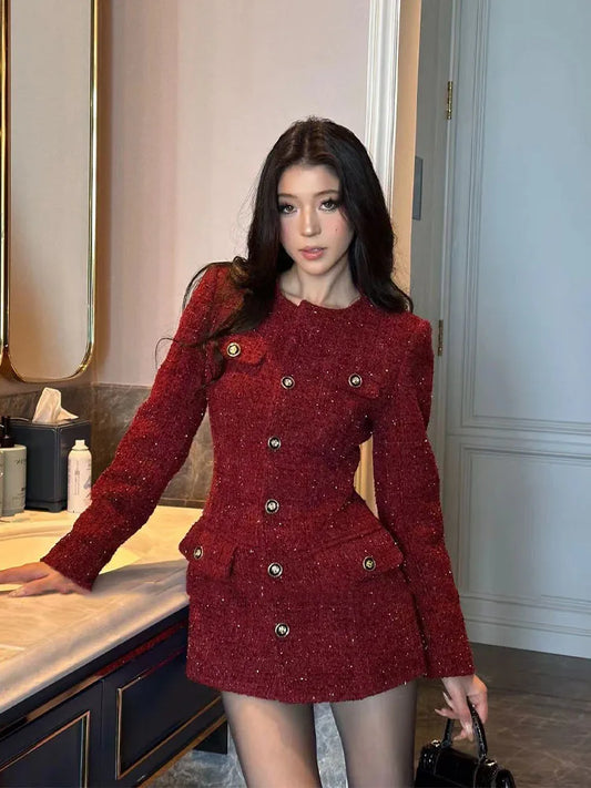 New 2025 Autumn Winter French Fashion High-end Retro Burgundy Dress Women's Long-sleeved