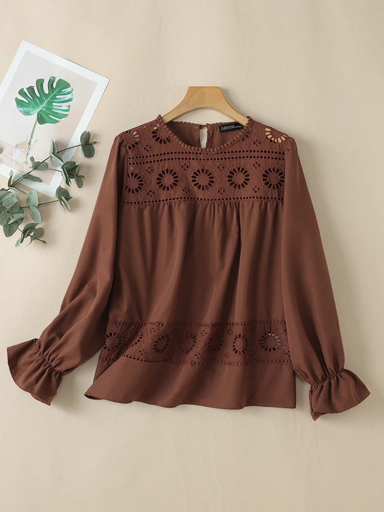 ZANZEA Vacation Causal Blouses 2025 Spring Women Openwork Lace Patchwork Elegant Blusas Mujer Bohemian Long Sleeve Smock Tops