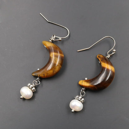 Natural Tigereye Moon Earrings Fashion OL Pearl Earrings