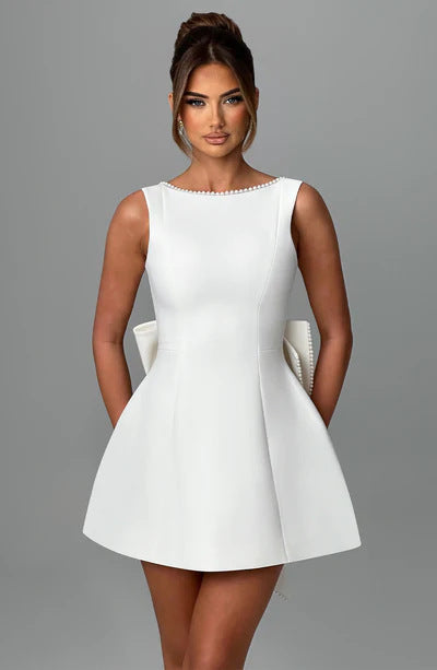 Fashion Big-Bowed Pearls Backless Dress Summer Slim Sleeveless A-line Dresses