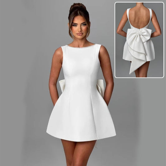 Fashion Big-Bowed Pearls Backless Dress Summer Slim Sleeveless A-line Dresses